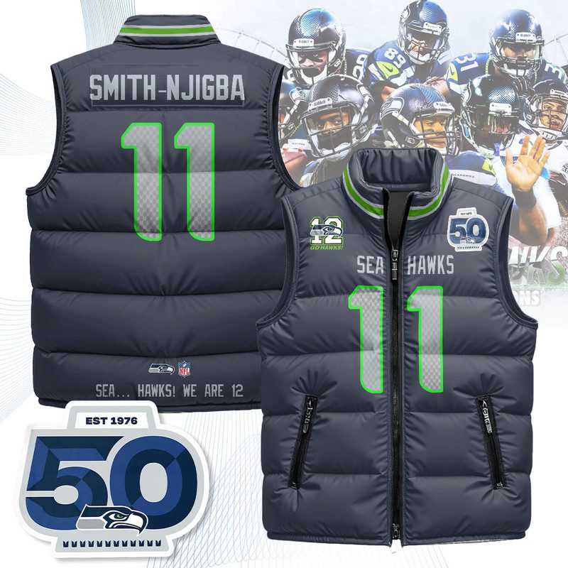 Seattle-Seahawks-Unisex-Puffer-Vest-Sleeveless-Down-Jacket-Navy-Jaxon-Smith-Njigba-11 Seattle Seahawks Unisex Puffer Vest Sleeveless Down Jacket- Navy / Jaxon Smith-Njigba - 11