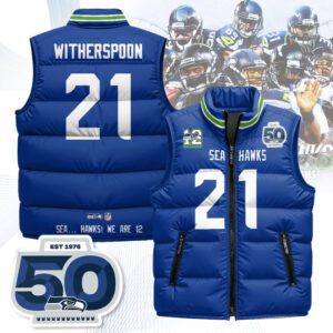 Seattle Seahawks Unisex Puffer Vest Sleeveless Down Jacket- Royal / Devon Witherspoon - 21