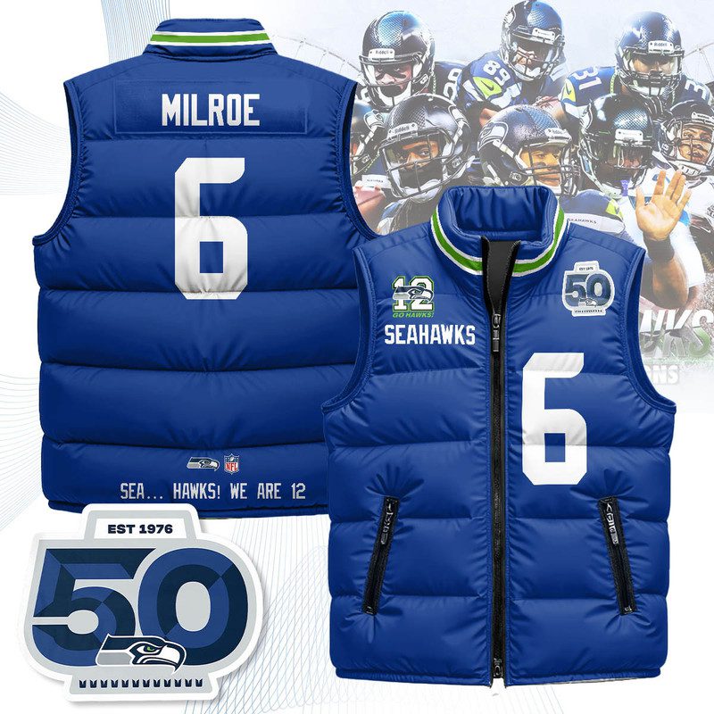 Seattle-Seahawks-Unisex-Puffer-Vest-Sleeveless-Down-Jacket-Royal-Jalen-Milroe-6 Seattle Seahawks Unisex Puffer Vest Sleeveless Down Jacket- Royal / Jalen Milroe - 6