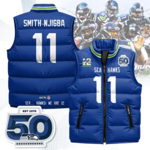 Seattle Seahawks Unisex Puffer Vest Sleeveless Down Jacket- Royal / Jaxon Smith-Njigba - 11
