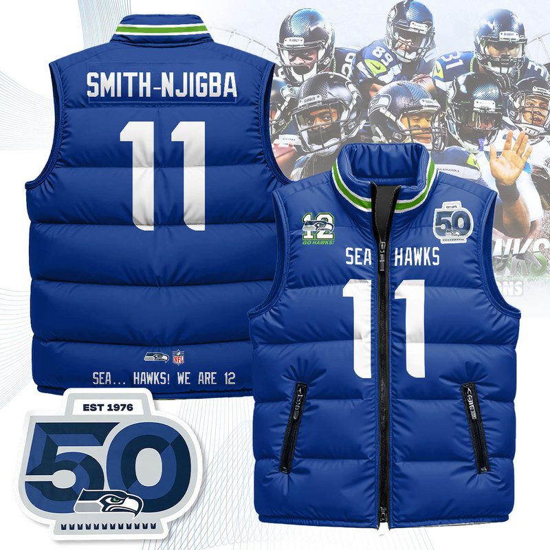 Seattle-Seahawks-Unisex-Puffer-Vest-Sleeveless-Down-Jacket-Royal-Jaxon-Smith-Njigba-11 Seattle Seahawks Unisex Puffer Vest Sleeveless Down Jacket- Royal / Jaxon Smith-Njigba - 11