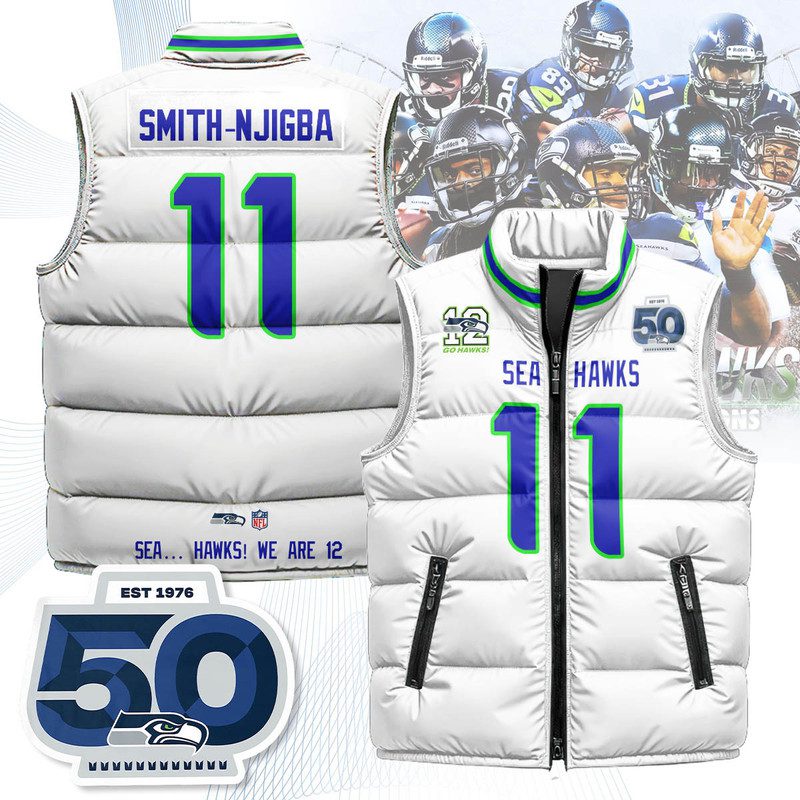 Seattle-Seahawks-Unisex-Puffer-Vest-Sleeveless-Down-Jacket-White-Jaxon-Smith-Njigba-11 Seattle Seahawks Unisex Puffer Vest Sleeveless Down Jacket- White / Jaxon Smith-Njigba - 11