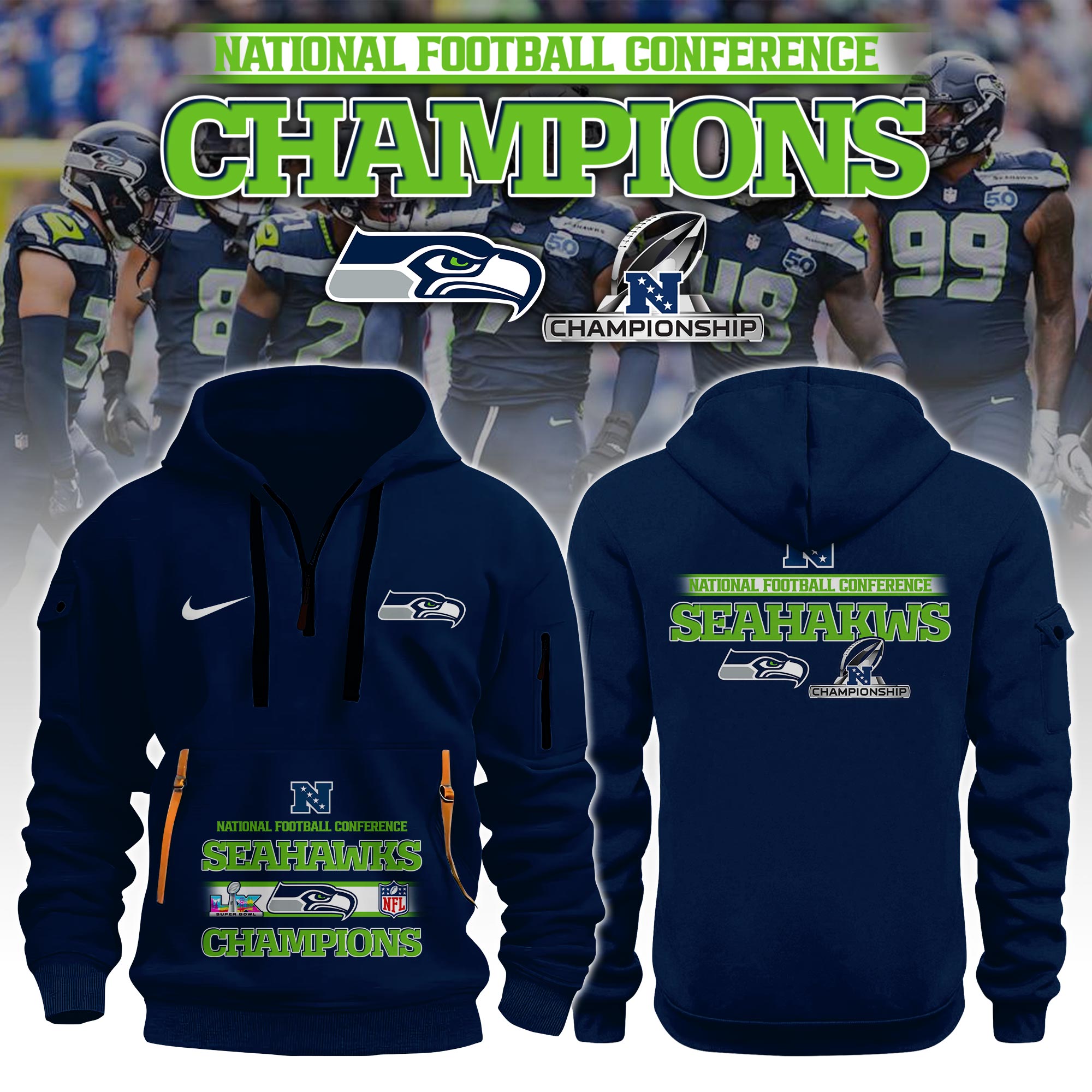 Seattle-Seahawks-NFC-Champions-202627-Quarter-Zip-Hoodie-SPBLX20265 Seattle Seahawks NFC Champions 2026/27 Quarter Zip Hoodie SPBLX20265