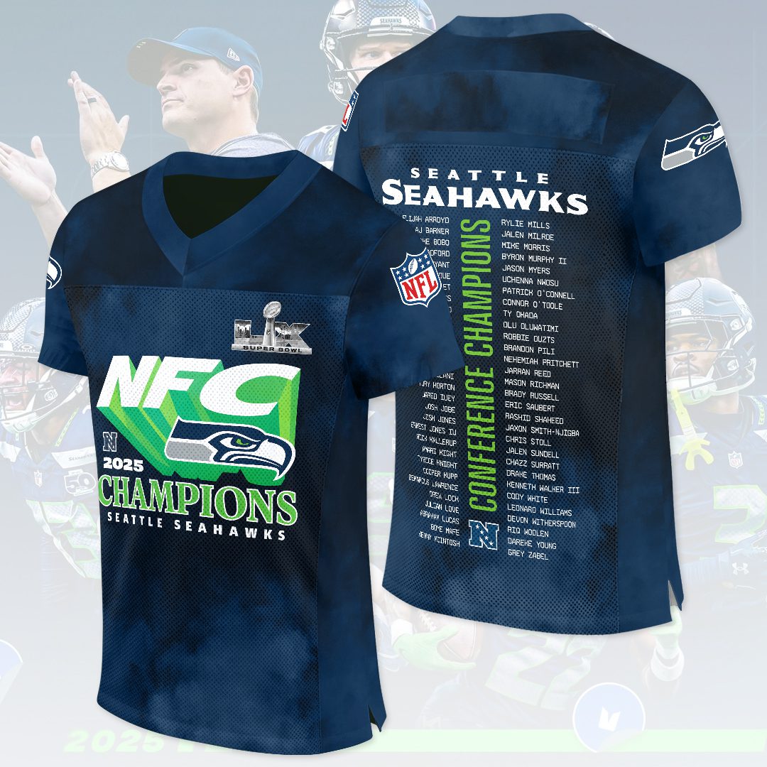 Seattle-Seahawks-2025-NFC-Champions-3D-Football-Jersey Seattle Seahawks 2025 NFC Champions 3D Football Jersey